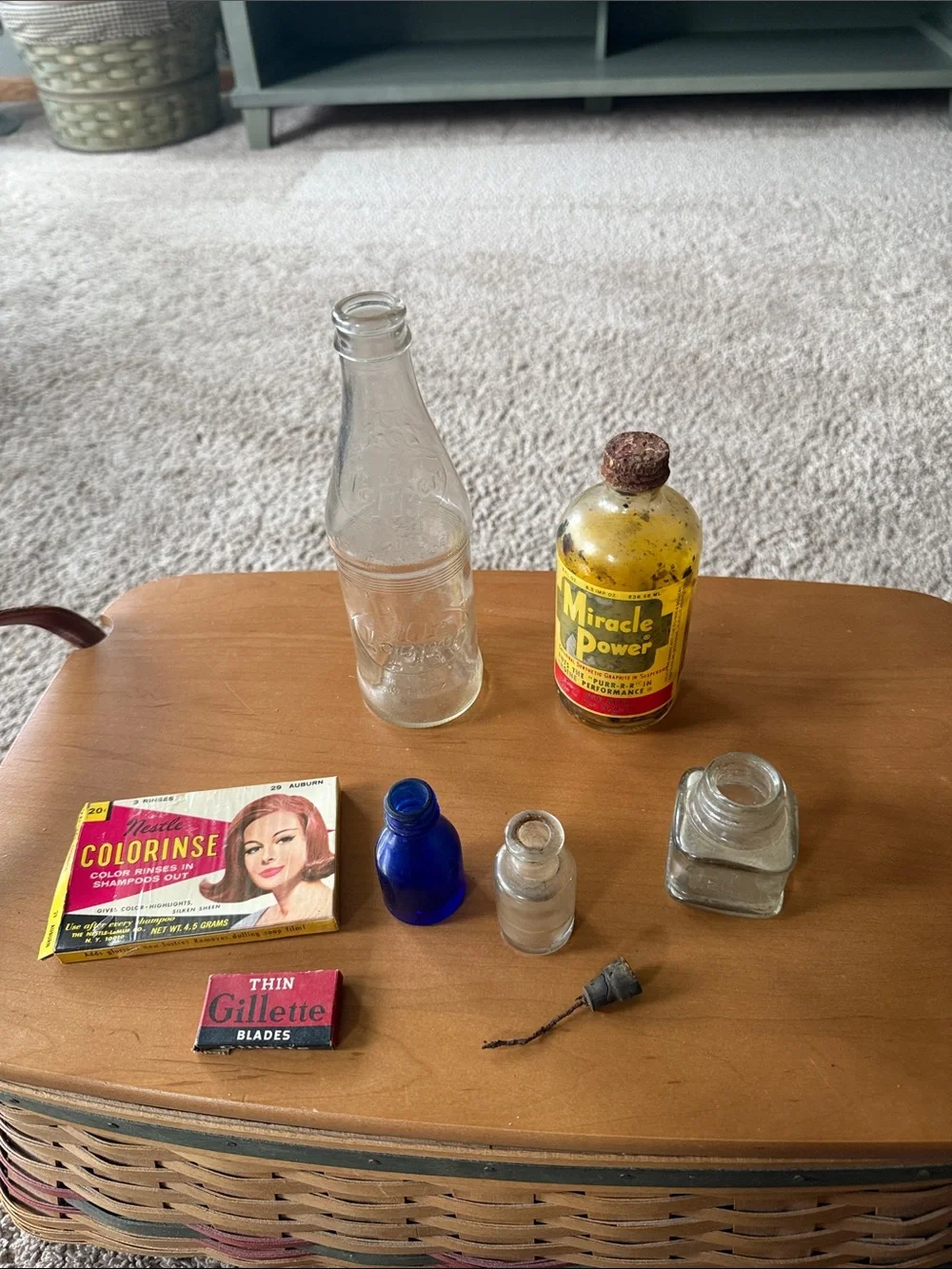 Miracle Yellow Power Glass Bottle with Assorted Small Vintage bottles/ items.